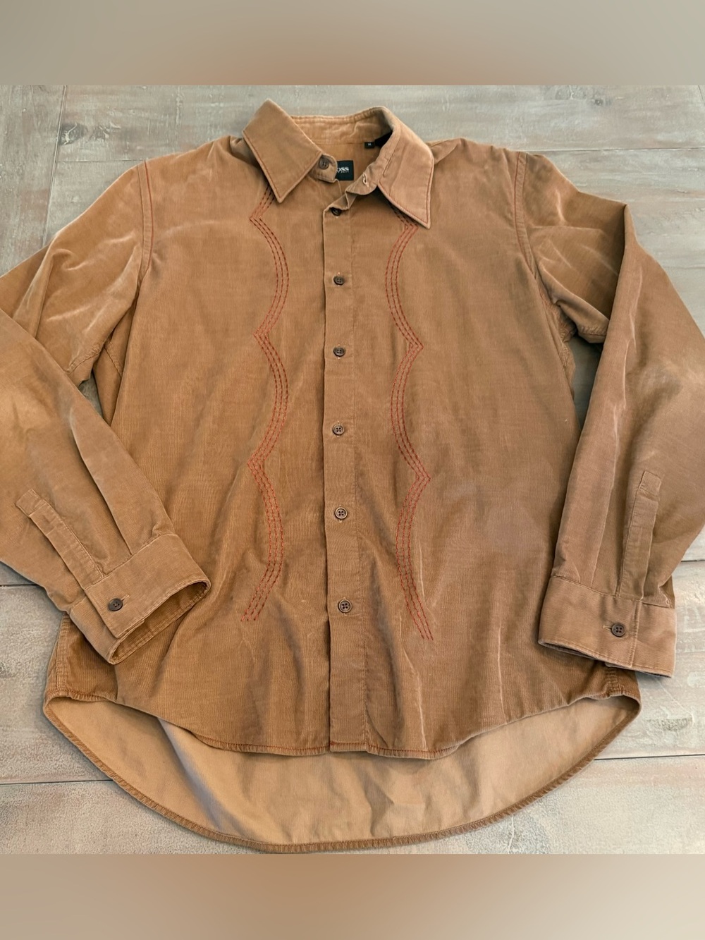 Vintage Hugo Boss Corduroy Button Up Shirt Men’s Sz Medium Preowned Camel Tan